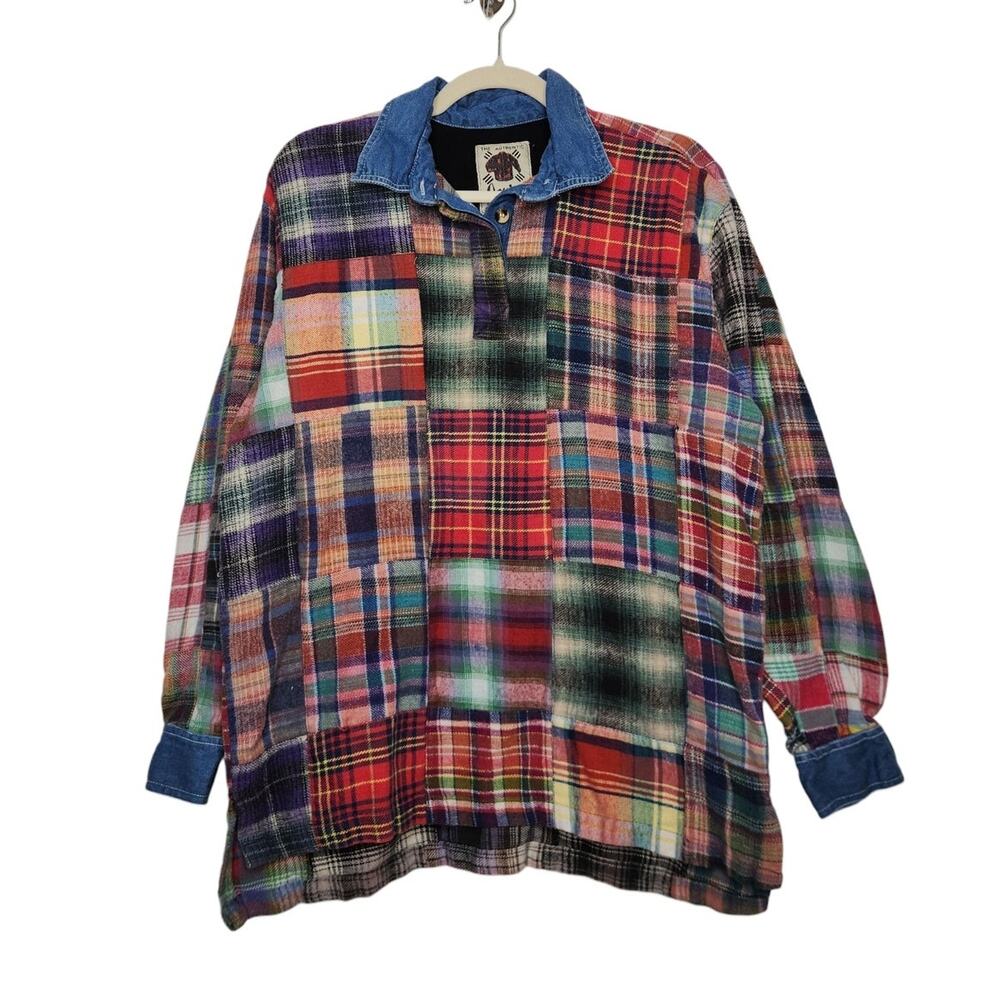 Vintage Plaid Patch All Over Polo Henley Shirt Grunge 90s One Size VTG